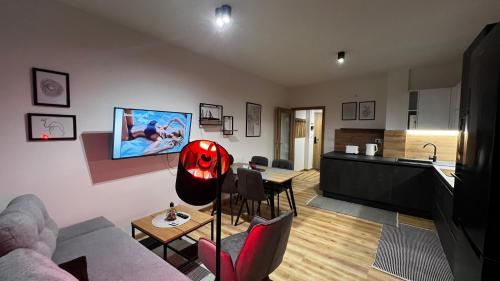 Гостиная зона в Apartment Budweis. Luxusní apartmán 3+kk v Českých Budějovicích u Hluboké nad Vltavou.