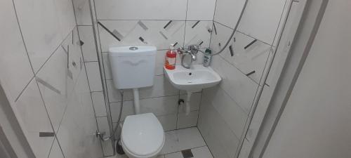 a small bathroom with a toilet and a sink at New Studio in Pogradec