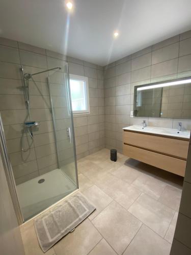 a bathroom with a shower and a sink at les gites pléhedelais (TER) in Pléhédel