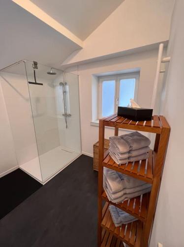 a bathroom with a shower and a shelf with towels at NEU - traumhafte Ferienwohnung mit Bergblick in Lenggries