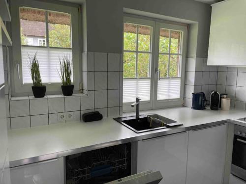 a kitchen with a sink and two windows at Kleine gemütliche Haushälfte in Keitum