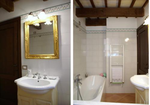 due immagini di un bagno con lavandino e specchio di Casa La piccola Macina Ripatransone a Ripatransone