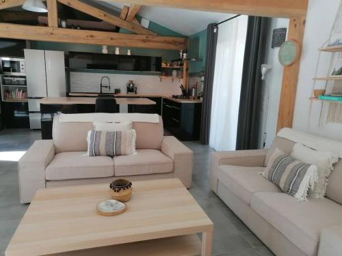 un salon avec deux canapés et une table basse dans l'établissement Villa de vacances, à Grayan-et-lʼHôpital