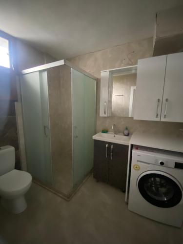 a small bathroom with a washing machine and a toilet at Kiralık Yazlık in Kuşadası