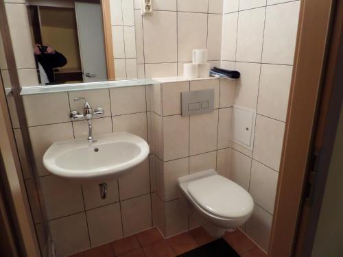 a bathroom with a sink and a toilet and a mirror at Sylwia in Szklarska Poręba