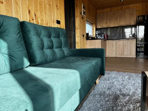 ein grünes Sofa im Wohnzimmer in der Unterkunft Laski Lake Domek na Mazurach in Kallinowen