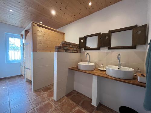 ein Badezimmer mit zwei Waschbecken auf der Theke in der Unterkunft Störtebeker Hof Pension in Pruchten