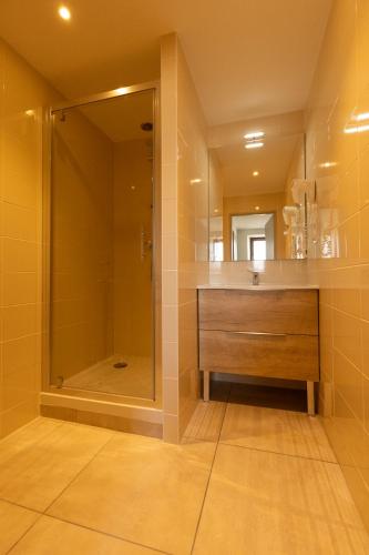 a bathroom with a sink and a shower with a mirror at Hôtel Le Coq d'Or in Les Angles