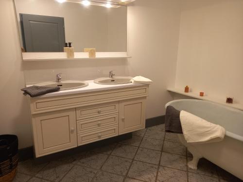 une salle de bain avec un lavabo, une baignoire et un miroir dans l'établissement Gites du Château de Lestang, à Auzits
