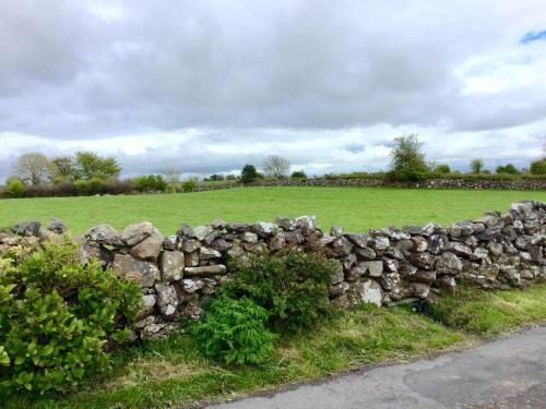 una pared de piedra en un campo con césped en Mask Cottage, en Partry