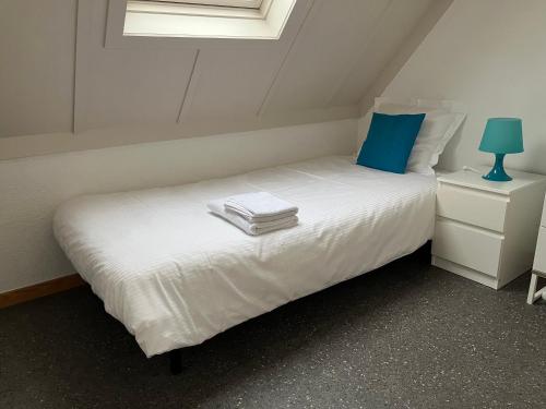 1 dormitorio con 1 cama con sábanas blancas y almohadas azules en Zeebos 112, en Bredene
