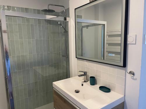 une salle de bain avec un lavabo et une douche dans l'établissement Le Mercier - T3 climatisé avec balcon, à Sète