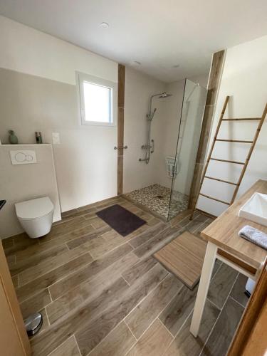 a bathroom with a shower and a toilet and a sink at Gîte du blé normand in Corny