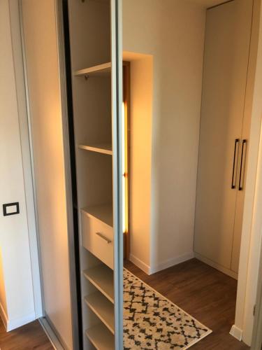 a walk in closet with a glass door and a rug at Pilėnų apartamentai in Panevėžys