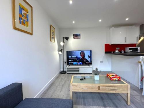 a living room with a couch and a tv at Charming New 2BR Detached House-Central Headington- Wi-Fi, Netflix, Top Location in Oxford