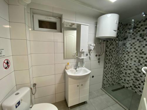 a bathroom with a toilet and a sink and a shower at FIA House in Skopje