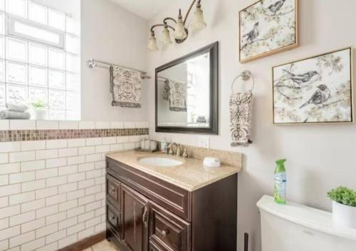 uma casa de banho com um lavatório, um espelho e uma banheira em The Roscoe Village Guesthouse em Chicago