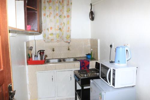 a small kitchen with a stove and a microwave at Chaka Airbnb. in Nyeri