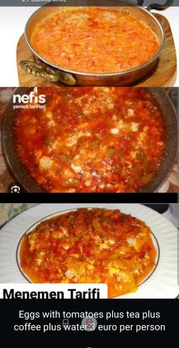 two pictures of a pizza with tomatoes plus tea pies at Bereket traveler Hotel in Istanbul