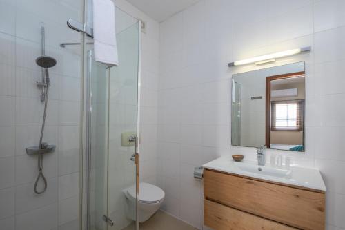 een badkamer met een wastafel, een toilet en een spiegel bij La Maya Beach Curacao in Willemstad
