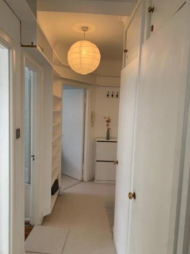 a hallway with a white door and a light fixture at Cozy Entire Flat walking to Hyde Park in London