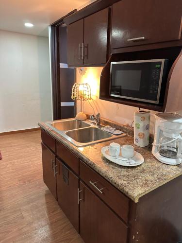 a kitchen with a sink and a microwave at Mi Delicioso Escape in San Luis Río Colorado