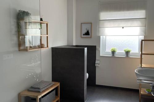 baño con aseo y lavabo y ventana en Ferienwohnung - nah an Phantasialand, Köln & Bonn, en Weilerswist