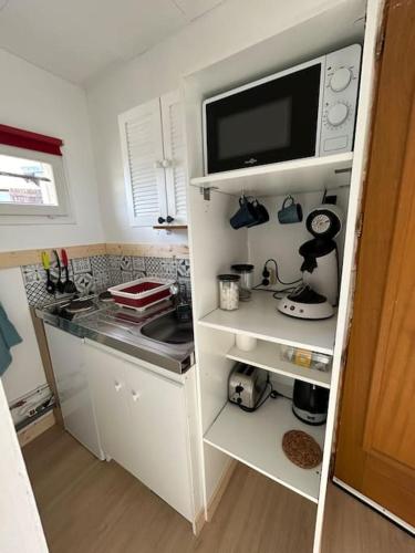 a small kitchen with a sink and a microwave at Studio proche Beauval et Châteaux de la Loire in Francueil