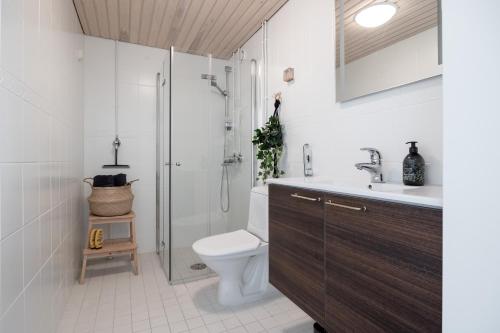 a bathroom with a shower and a toilet and a sink at Ydinkeskustan designkaksio in Hämeenlinna