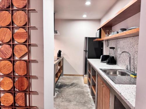 a kitchen with a shelf with wooden logs at Hotel Olá Chapultepec in Guadalajara