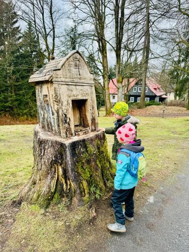 two children standing next to a tree stump with a bird house at Stará Škola Mariánská in Albrechtice v Jizerských horách