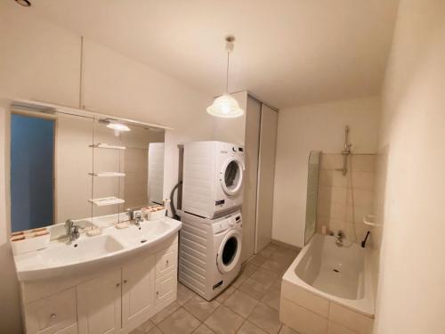 ein Badezimmer mit Waschbecken und Waschmaschine in der Unterkunft Maison avec jacuzzi et vue sur les penitents in Les Mées