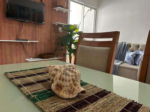 a turtle figurine sitting on a table in a living room at Apto bem localizado est de Ribamar ao lado do shopping in São-José-do-Ribamar