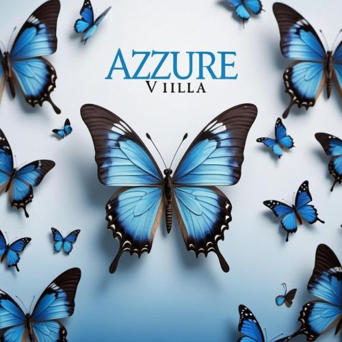 grupa błękitnych motyli ze słowami azure virula w obiekcie Azzure Viilla w mieście Green Island