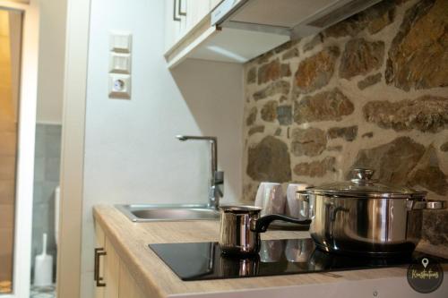 SKINOS rooms and apartment في Pyrgi: مطبخ مع قدورين على موقد مع حوض