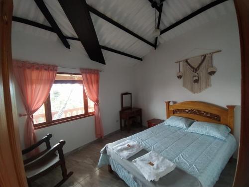 - une chambre avec un lit, une chaise et une fenêtre dans l'établissement Villa Bugambilia, à Villa de Leyva