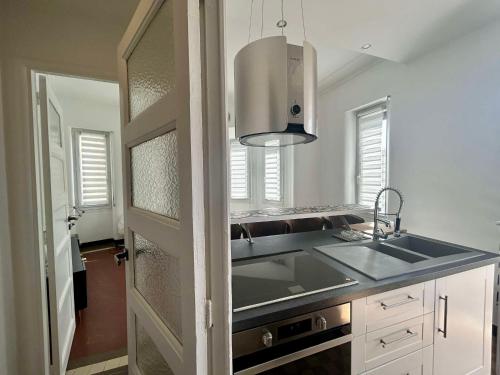 une cuisine avec un évier et une cuisinière dans l'établissement Blue Horizon Prenium Marseille Saint-Charles, à Marseille