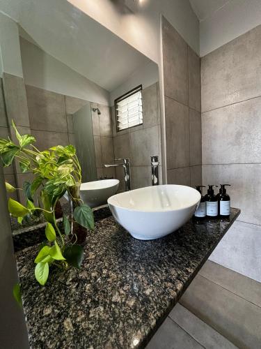 a bathroom with a large white bowl sink on a counter at Casa 'Los Colibries' in Salta