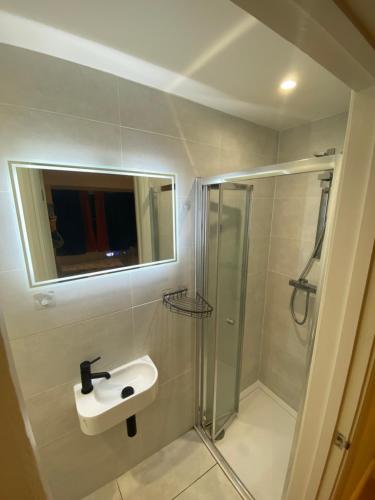 y baño con lavabo y ducha. en Little wooden Hut, en Londres