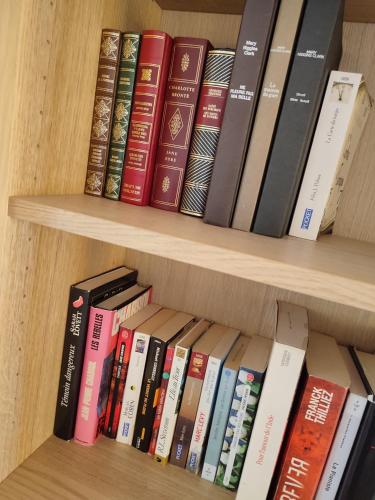 a row of books on a book shelf at La Rose Paisible in Brusson
