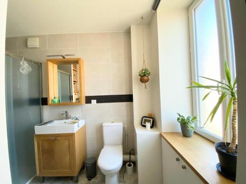 La salle de bains est pourvue de toilettes, d'un lavabo et d'un miroir. dans l'établissement Grand appart 115m² avec jardin+parking proche gare, à Bellegarde-sur-Valserine