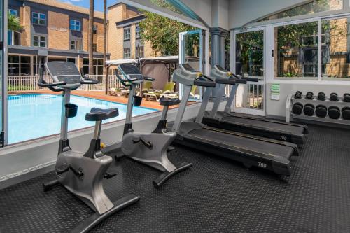 a gym with treadmills and a swimming pool at Holiday Inn Johannesburg OR Tambo Airport Hotel by IHG in Kempton Park