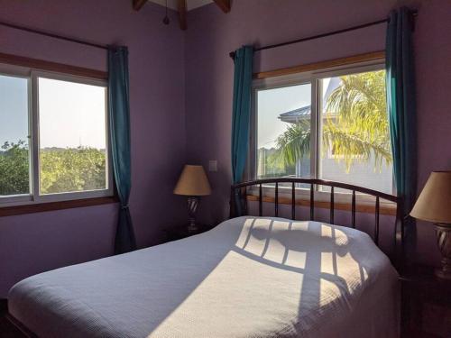 1 Schlafzimmer mit 2 Fenstern und 1 Bett mit weißer Bettwäsche in der Unterkunft Bahia Vista - Spectacular Views - 4 Bedrooms in Placencia Village