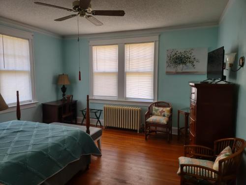a bedroom with blue walls and a bed and a fan at Welcome To Downtown Pickens close to Clemson and Lake Keowee in Pickens