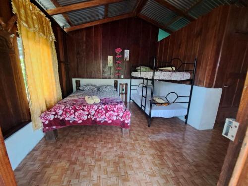 San Rafael的住宿－Posada Rio Celeste in，一间卧室配有一张床和两张双层床。