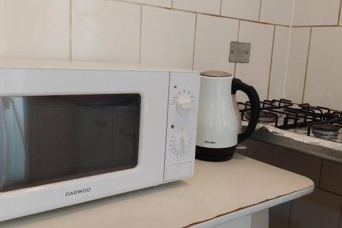 a white microwave sitting on a kitchen counter with a blender at Cabaña Zorro Chilote in Dalcahue