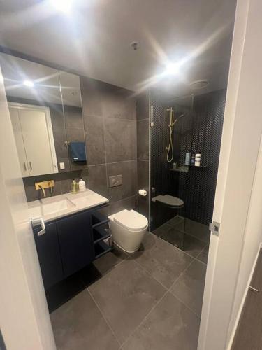 a bathroom with a toilet and a sink and a mirror at CBD - Pool - Sleeps 4 - Parking in Canberra