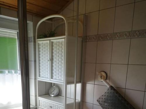 Un baño con armario y ducha en una habitación. en Antonia Comfortable holiday residence, en Witzenhausen