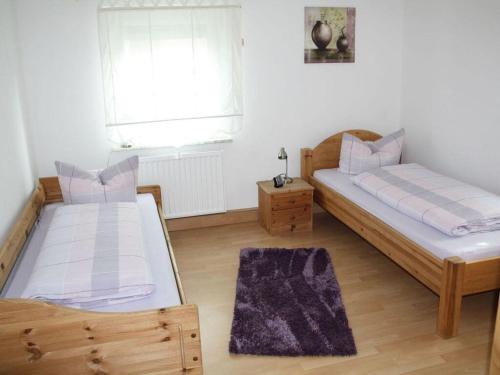 1 Schlafzimmer mit 2 Betten, einem Fenster und einem Teppich in der Unterkunft Antonia Modern retreat in Witzenhausen