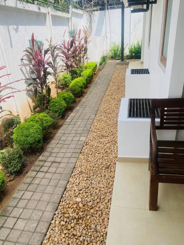 a garden with two benches in a building at Hotel Cloud 9 Negombo in Negombo